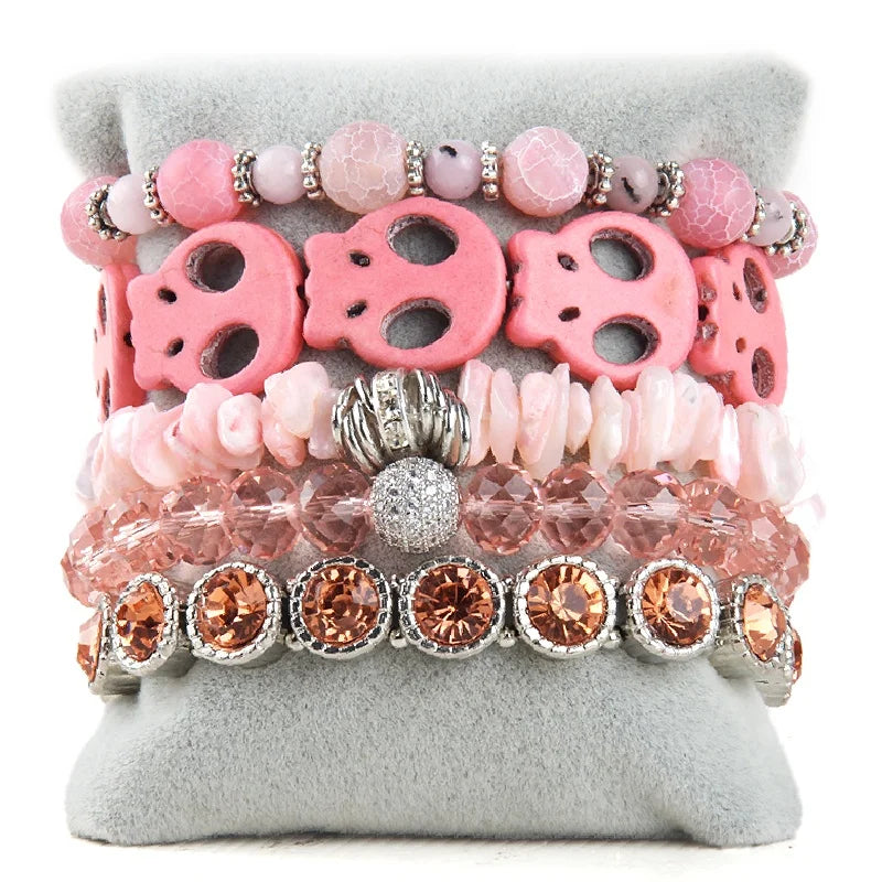 Fashion 5pcs Jewelry Crystal Glass Natural Stone Alloy Cross Bracelet Bright Color Resin Skull Head Stack Bracelet Set