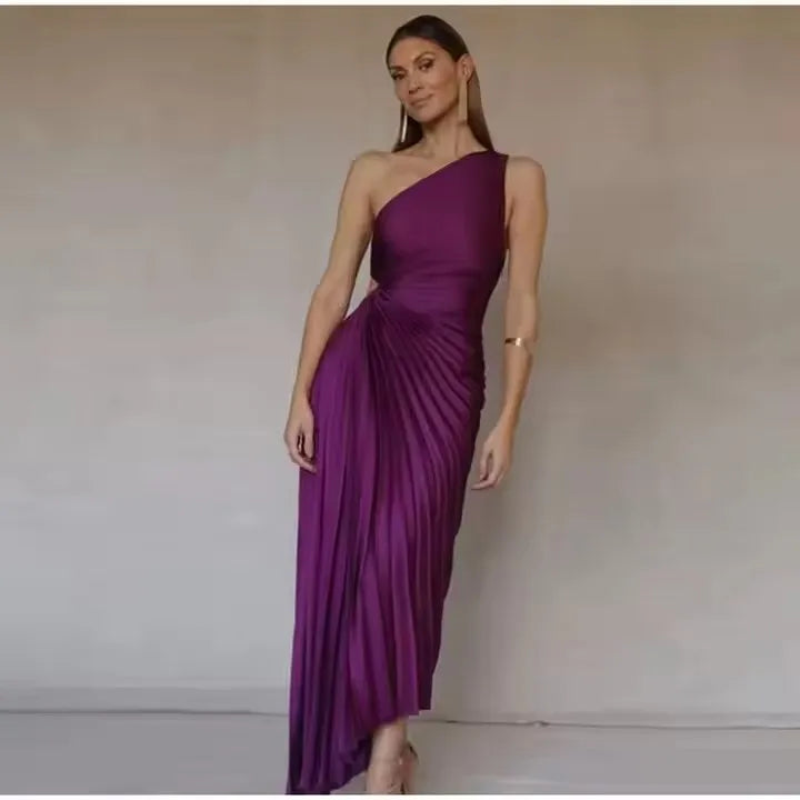 Lady Evening Vestidos Women Backless Sleeveless Irregular Dress Elegant Ruffled Purple Pleated Diagonal Collar Maxi Dresses