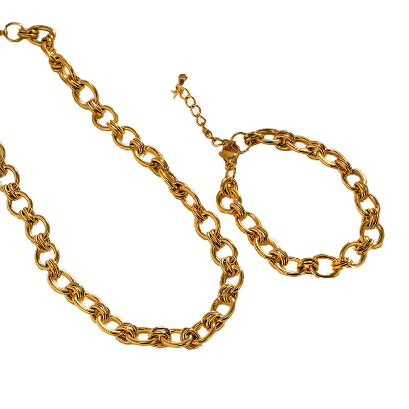 Fashion Waterproof 18K Gold Plated Stainless Steel Oval Link Cable Chain Bracelet Necklace  Jewelry Set for Women
