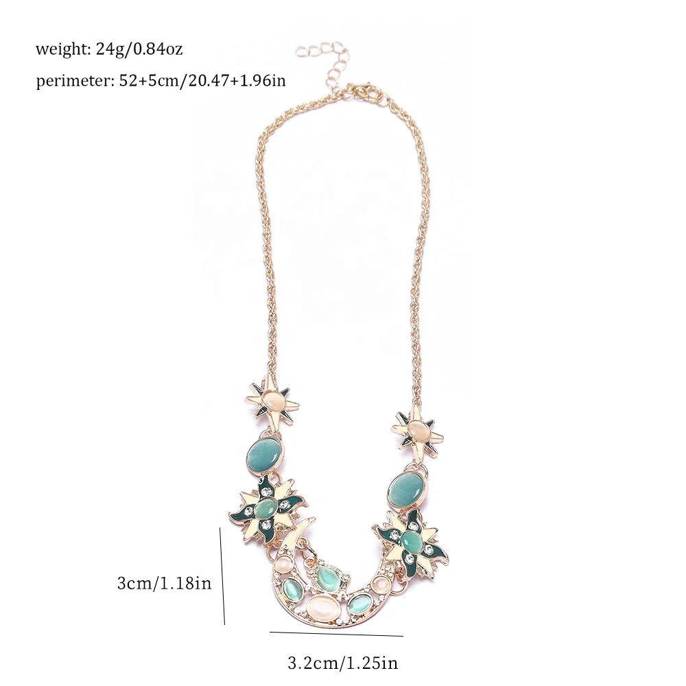 Ladies Fashion Accessories Sun Moon Crystal Pendant Popular Silver Long Chain Dress Sweater Necklace Retro Bohemian Jewelry Set