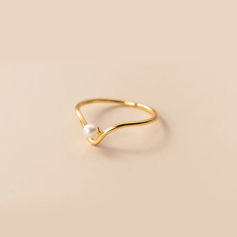 Simple Fashion Single V Ring Synthetic Pearl 925 Sterling Silver Rings  for Women Wedding Fine Jewelry