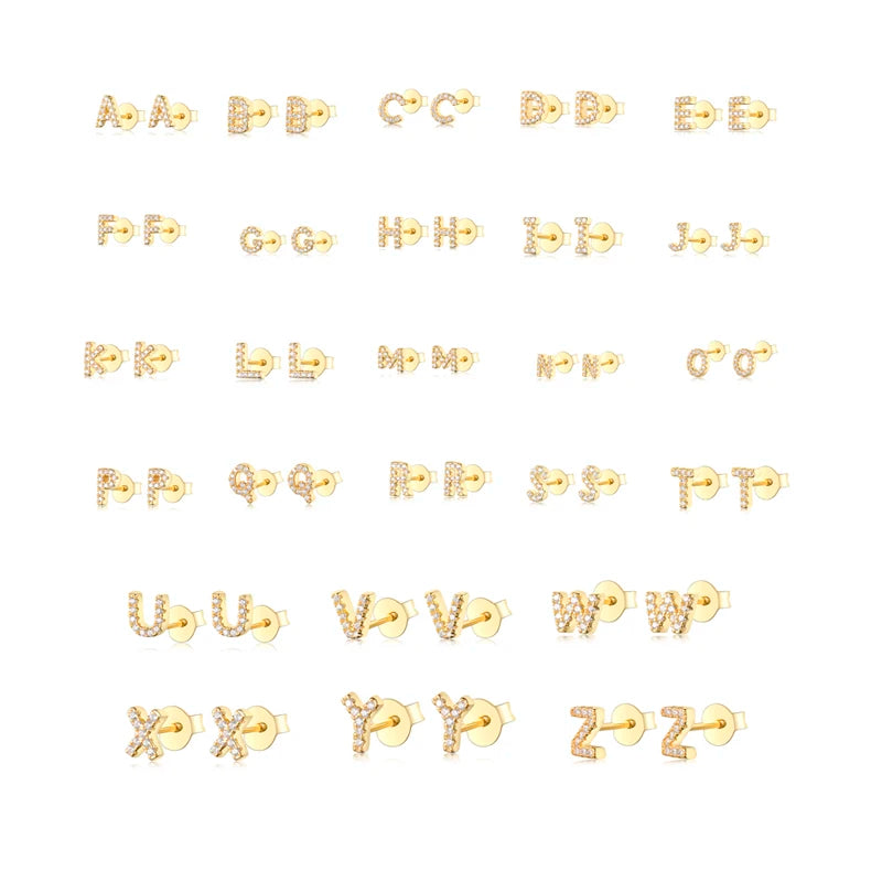 Women Real 925 Sterling Silver Luxury 18K Gold Color Letters Alphabet Stud Earrings Jewelry