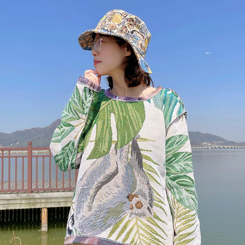 Custom Autumn Tapestry Jacquard Sport Pullover Crew Neck Sweater for Unisex in Polyester/Cotton