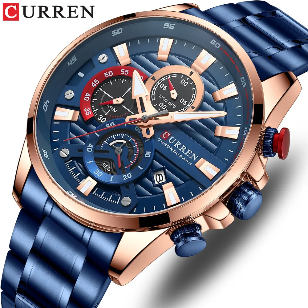 CURREN 8415 Sports Multi Function Watches for Men Stainless Steel Quartz Wristwatches with Luminous Hands Clock Reloj Hombre