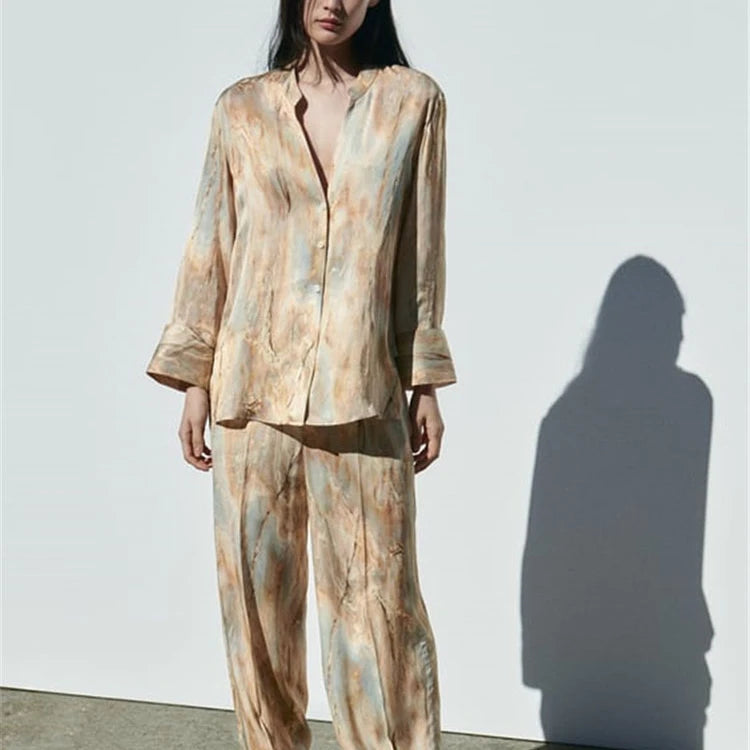 2023 Spring New Tie Dye Silk Satin Texture Printed Shirt Mid Waist Straight Leg Trousers Set
