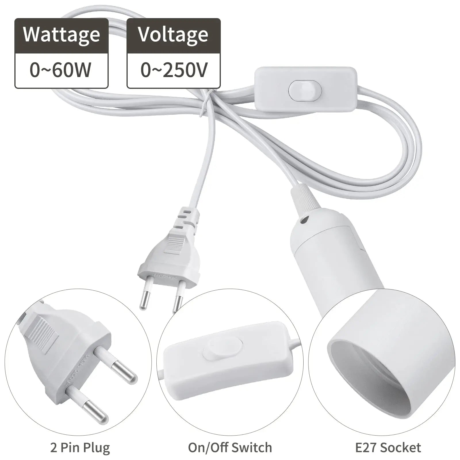 AC E27 Socket Extension Cable Led Lamp Bulb Bases US Plug on off Switch Wire for Pendant Hanglamp Holder 2.4M 4M