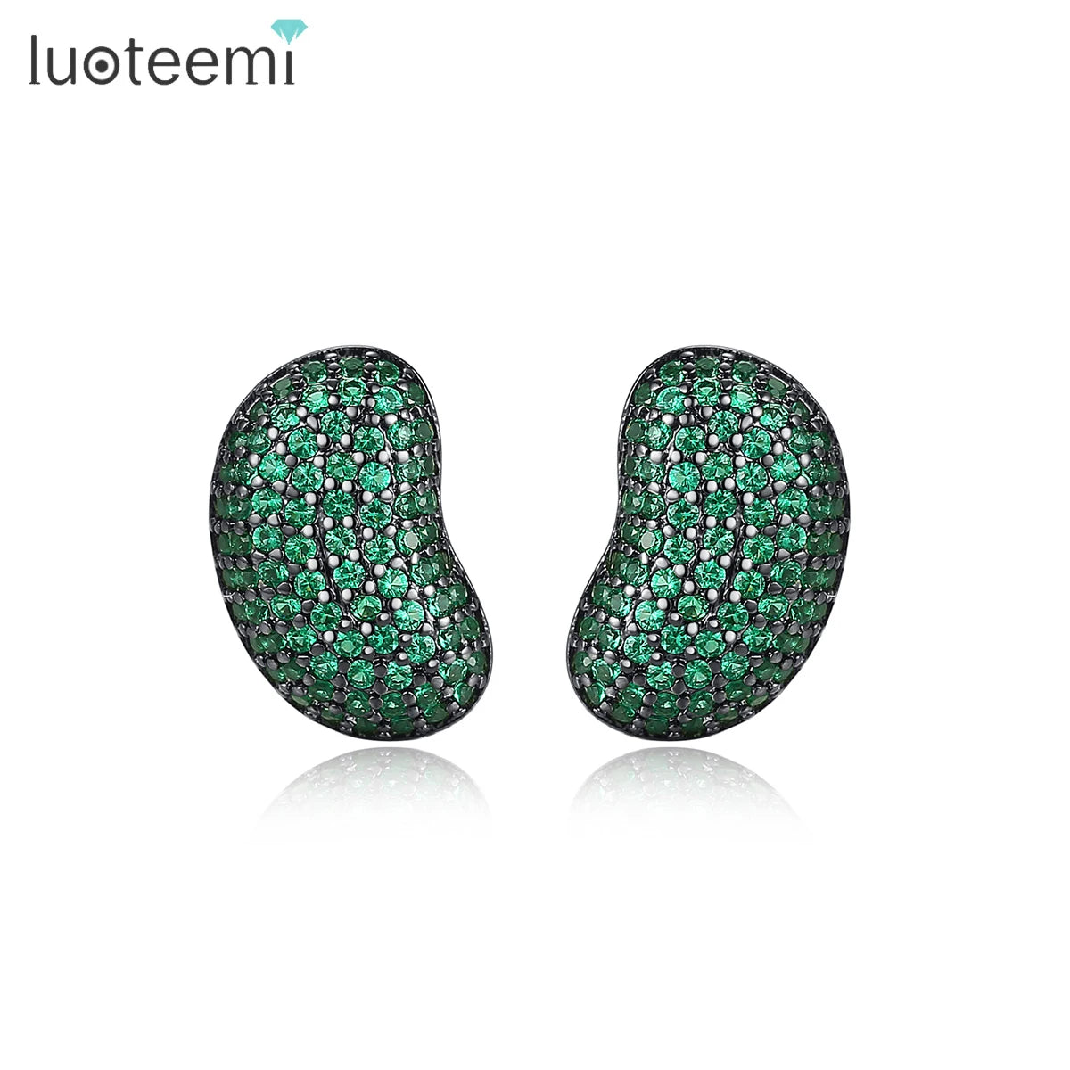 LUOTEEMI Cute Korean Emerald Green Earrings Pea Shape Tiny Green Cubic Zirconia Paved Diamond  Girls Stud Earrings