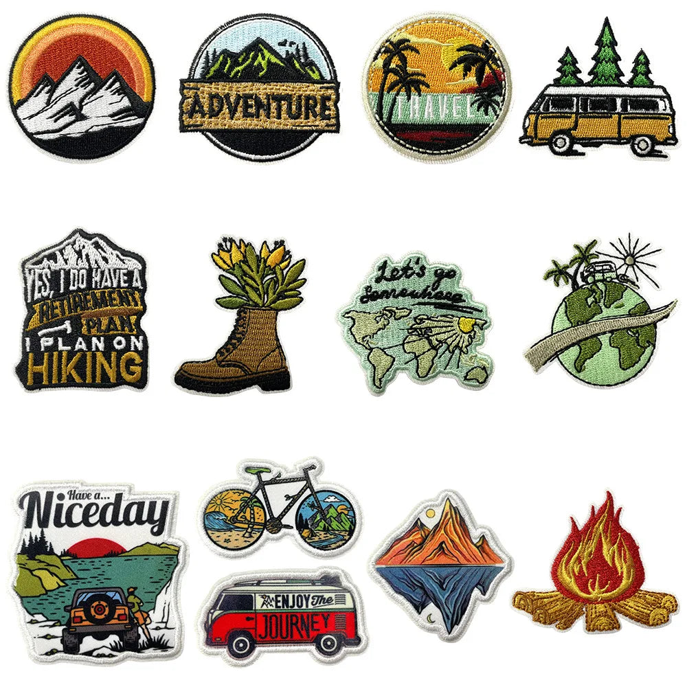 New Design Wild Adventure Theme  Iron on  Embroidery Hiking Boots  Bike Mountain Patch for Clothes Backpack Decoration