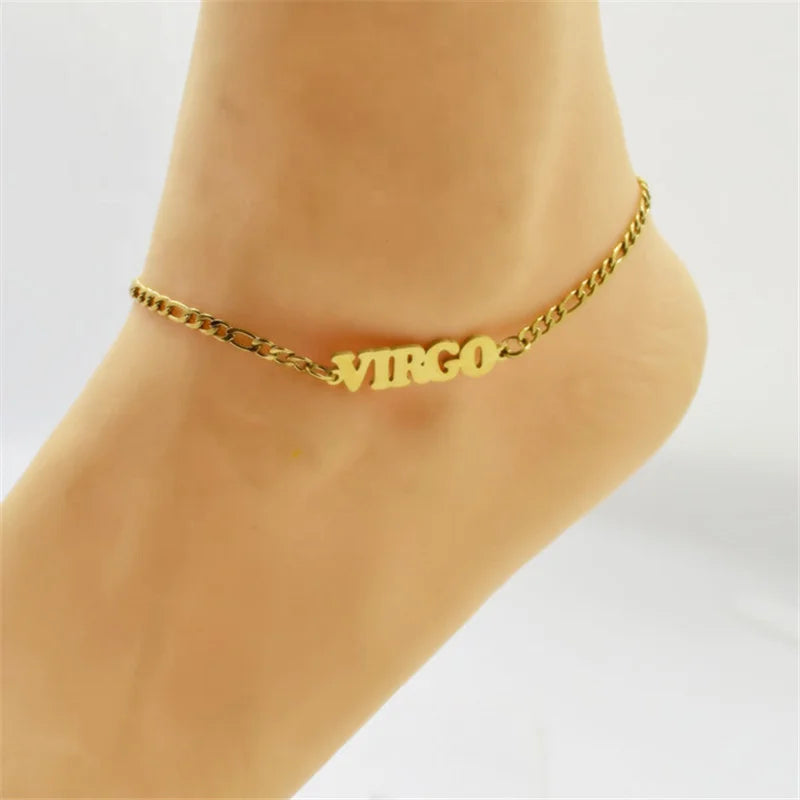 Custom 18k Foot Chain Name Gold Plated Stainless Steel 12 Zodiac Sign Anklet for Women