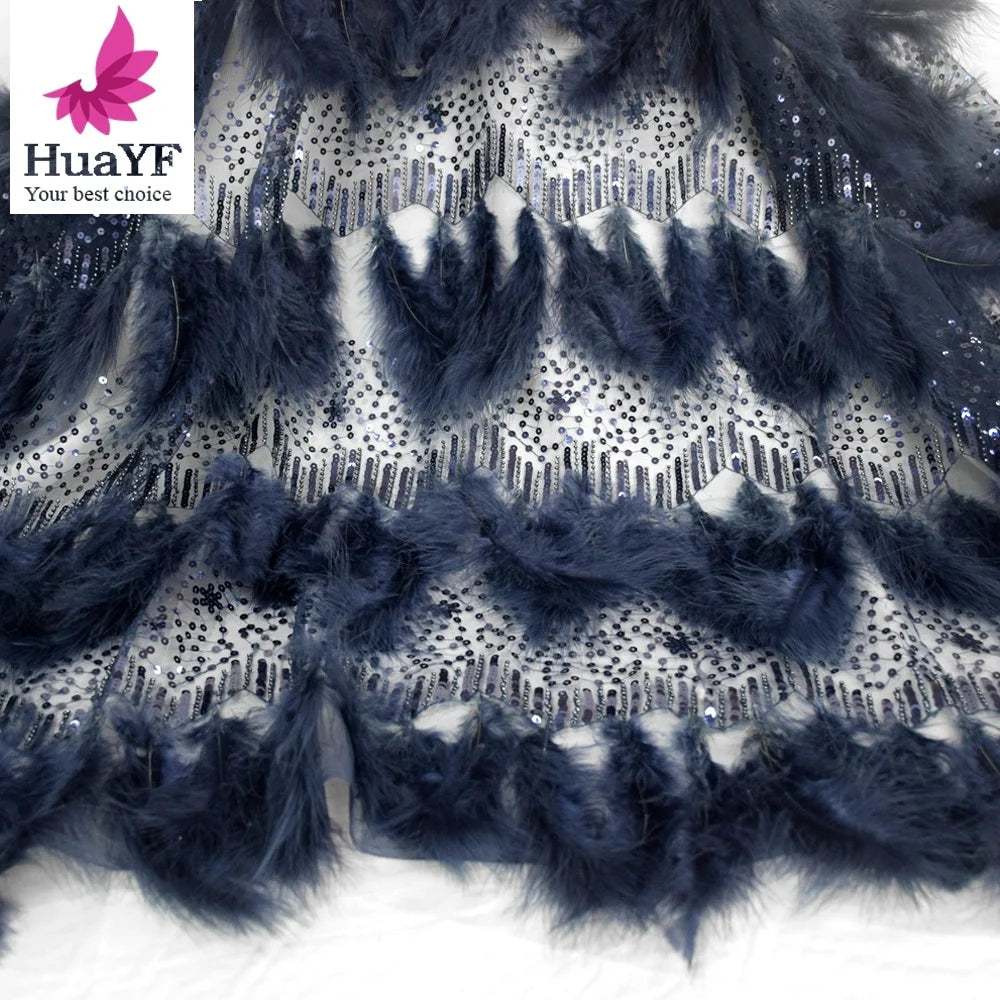 Fashion Navy Blue Heavy Feather Lace With Sequins French Tulle Beads Lace Fabric for Collection 2021 HY1435-7