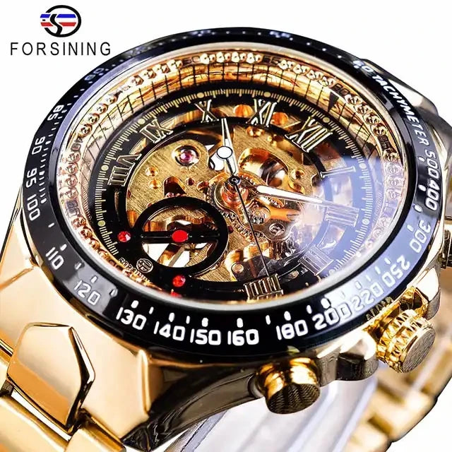 Forsining Men Men Top New Luxury Clock Transparent Case Open Work Silver Stainless Steel Mechanical Skeleton Sport Wrist Watch