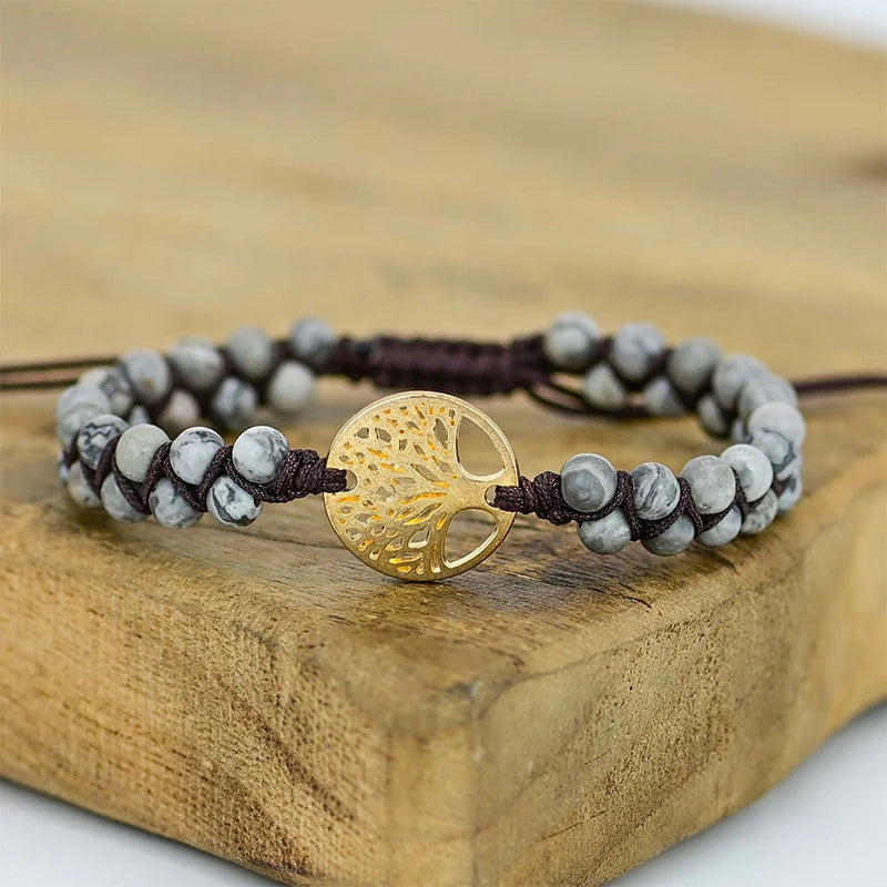 Natural Map Jasper Stone Bracelet Handmade Braided Tree of Life Charm Beaded Bracelet Yoga Healing Gemstone Bracelet for Women