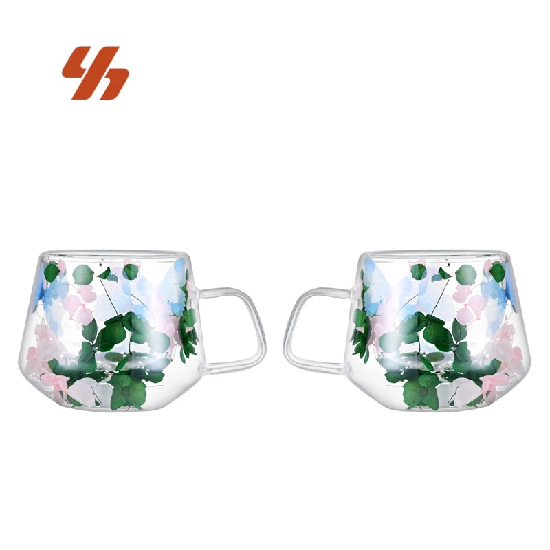 Wholesale Custom High Borosilicate Heat Resistant 250ml Blue Dry Flower Handle Double Wall Glass Coffee Mug Cup
