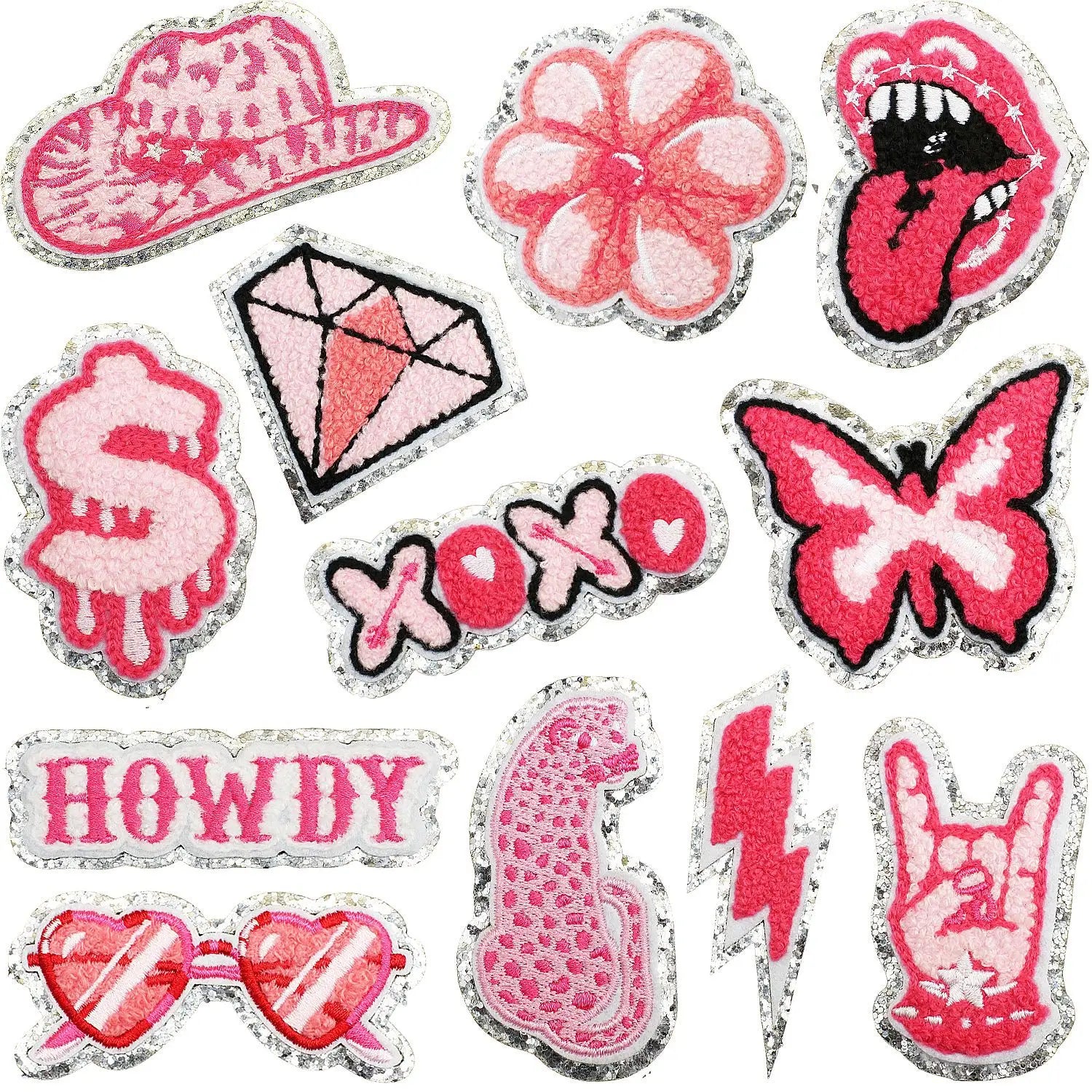 Iron on  Embroidery Sliver Edge pink Diamond Flower Hat Dollar Lighting Rock Chenille  Patch for Kid's Clothes Hat Bag