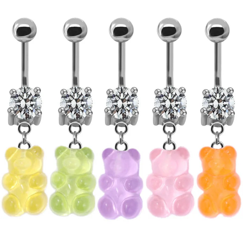 Cute Bear Belly Ring Crystal Pink Navel Belly Button Ring Top Selling Jelly Bear Belly Piercing Jewelry for Woman