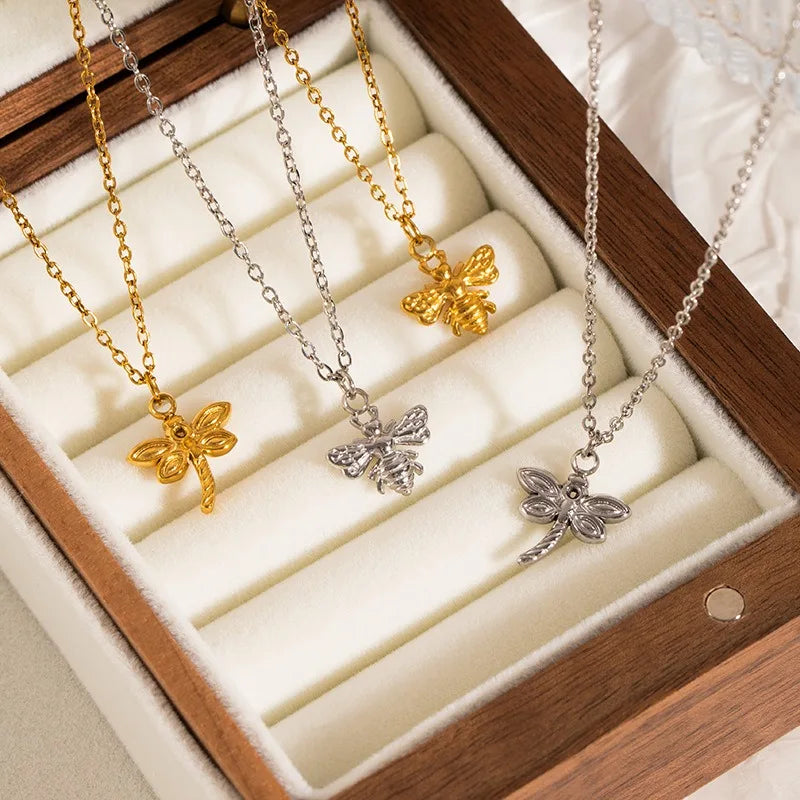 Statement 304 Stainless Steel Dragonfly Pendant Chain Necklace Gold Plated DIY Animal Bulk Jewelry Non-Tarnish Material