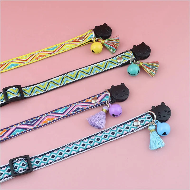 Minerva Wholesale Jacquard Embroidery Bohemian Stylish Pattern Tassel Sash Bell Safe Breakaway Buckle Pet Cat Puppy Collar