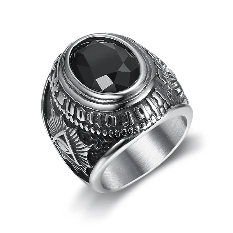 Custom Vintage Satan Jewelry Stainless Steel 3D Gothic Satanic Goat Head Masonic All Seeing Eye Rings With Black Agate Stone