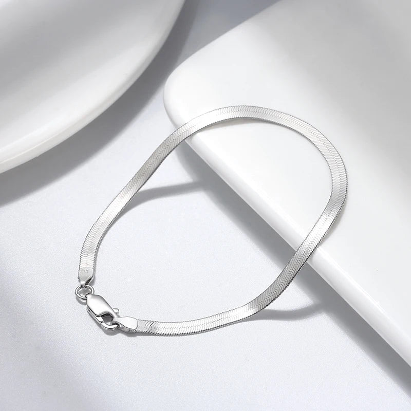 RINNTIN SB107-P Simple Men's and Women's Jewelry 925 Sterling Silver Plain Chain Flat Snake Bone Chain Bracelet