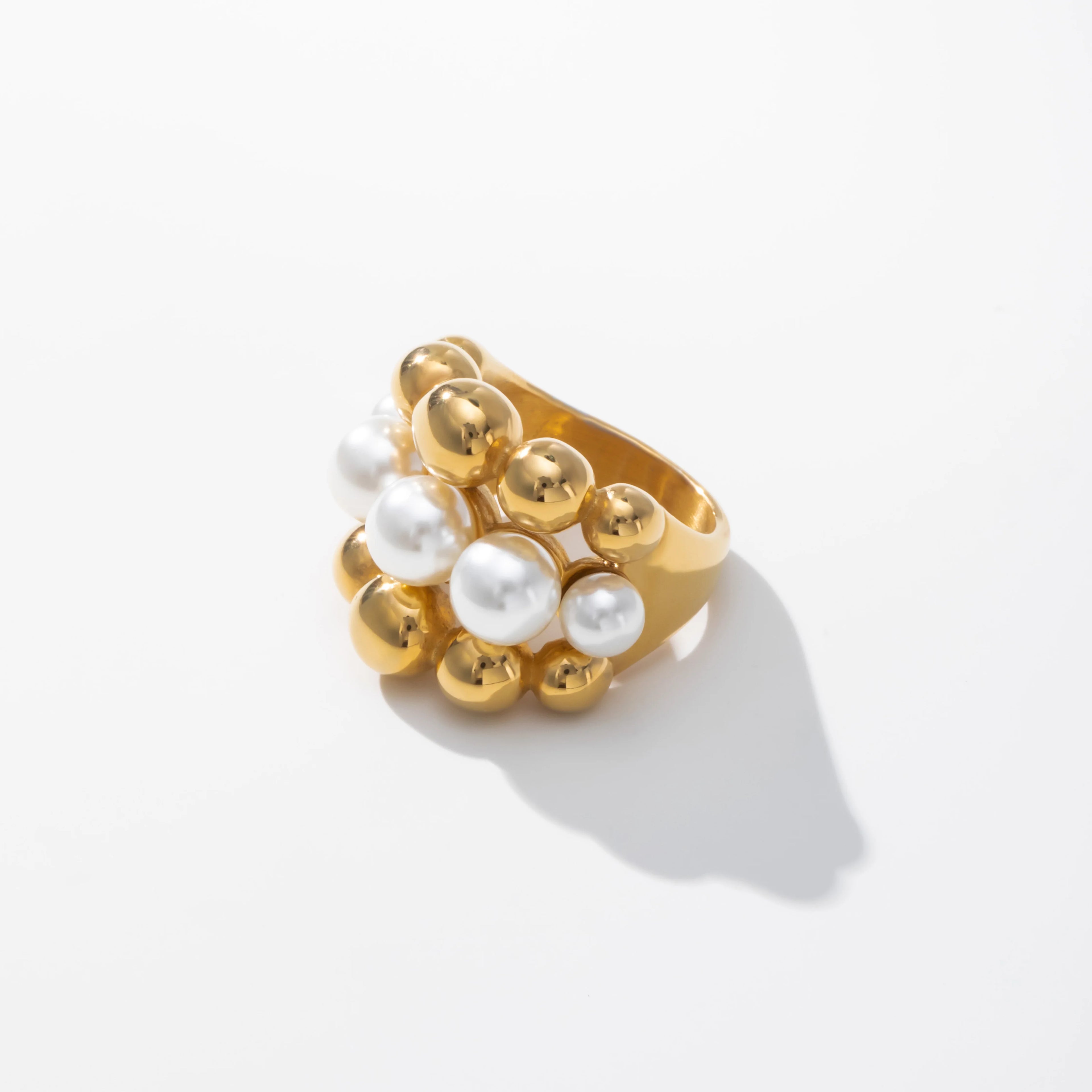 YF3488 Waterproof Non Tarnish Jewelry Wide Layered Fixed 18K PVD Gold Plated Stainless Steel Pearl Rings for Women Girls