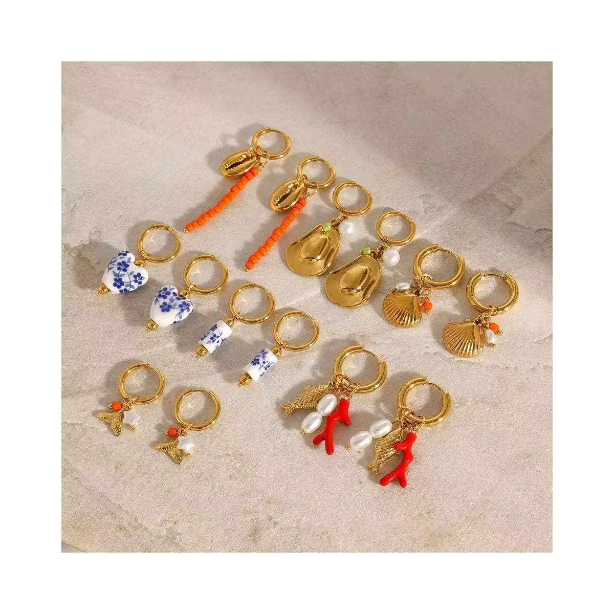 Stainless Steel Ocean element Pearl Pendant Hoop Earrings Non Tarnish Waterproof Fashion Jewelry Earrings
