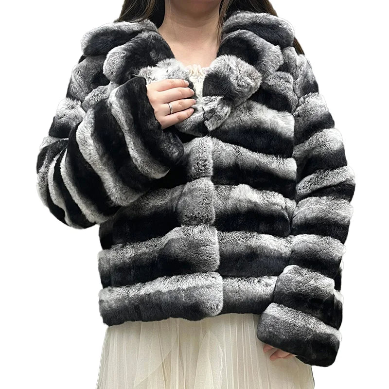 Jancoco Luxury Soft Big Collar Real Rabbit Fur Jacket Women Winter Chinchilla Fur Coat