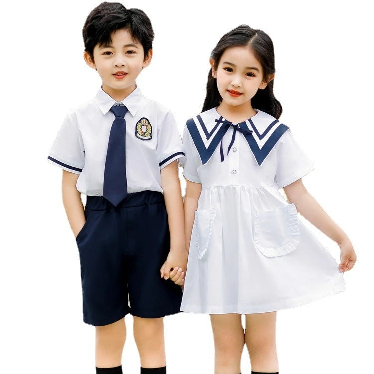 Summer Primary School Uniforms Children White 100% Cotton Mellowing Fabric Unisex Single-Breasted Design In-Stock
