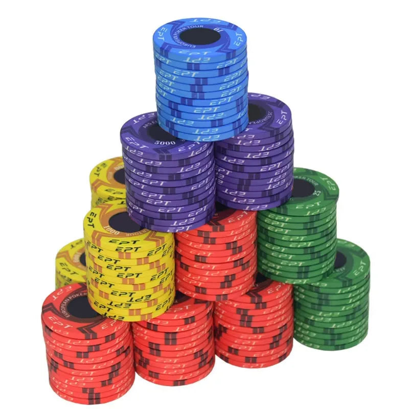 Hot Sale EPT Ceramic Poker Chip Texas Custom Professional Casino European Round Coins Supplier Poker Chips for Gambling Club