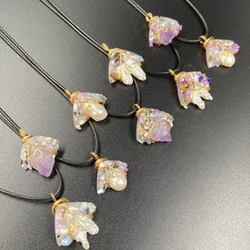 New Amethyst Crystal Stone Necklace Original Stone Pendant Resin Glue Base Crystal Bud DIY Silk-wound Kyanite Necklace