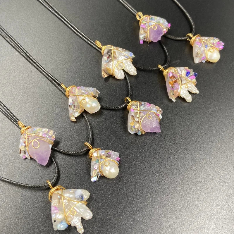 New Amethyst Crystal Stone Necklace Original Stone Pendant Resin Glue Base Crystal Bud DIY Silk-wound Kyanite Necklace