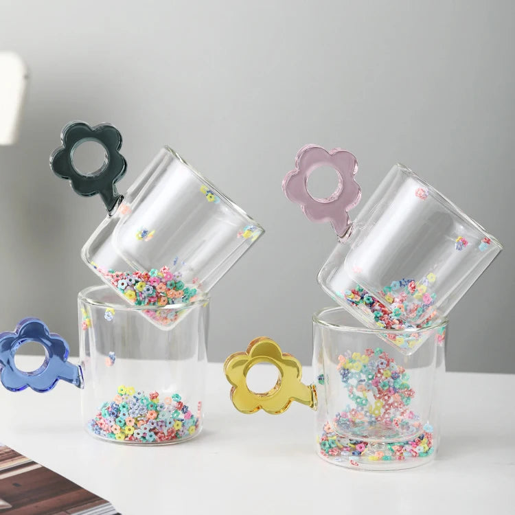 Cute Heat-resistant and Anti-scald Milk Tea Drinkware Transparent Coffee Double-layer Glass Milk Cup with Flower Handle