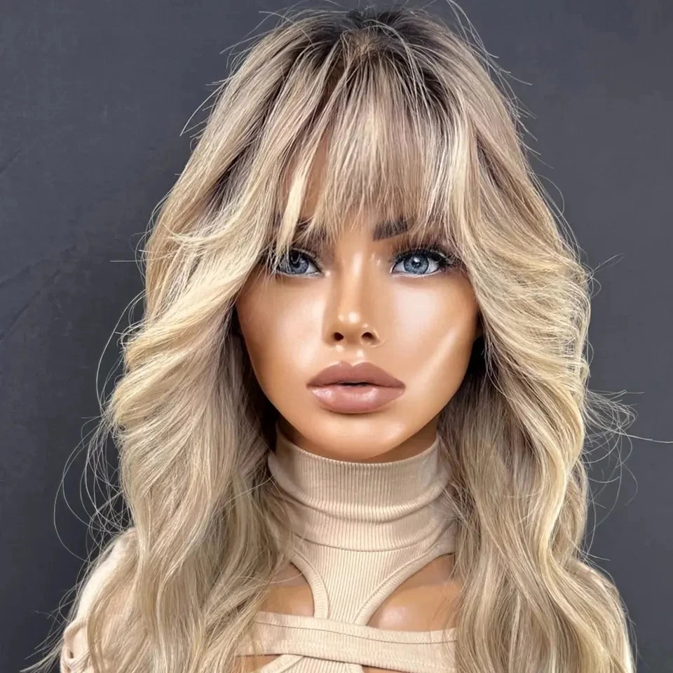 12A Quality Ash Blonde Highlight Glueless Body Wave Jewish Wig Virgin Remy Cuticle Human Hair 5x5 Lace Closure Wigs With Bang