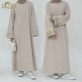 2024 Ramadan OEM ODM Loriya Abaya Islamic Clothing Linen Fabric Casual Dresses With Embroidery Flowers Abaya Women Muslim Dress