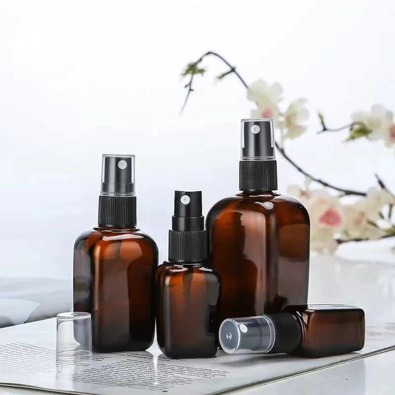 Brown Essential Oil Bottles 30ml Square Glass Skin Cake Water Pump Spray Bottle 50ml Brown Perfume Spray Bottle