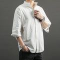 Street Style M-5XL Summer Linen Shirt 3/4 Sleeve Men's Casual Loose Standing Collar Cotton Linen Shirt Top