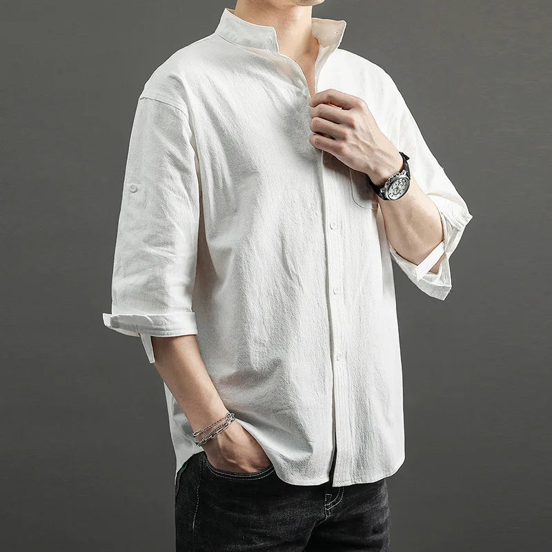 Street Style M-5XL Summer Linen Shirt 3/4 Sleeve Men's Casual Loose Standing Collar Cotton Linen Shirt Top