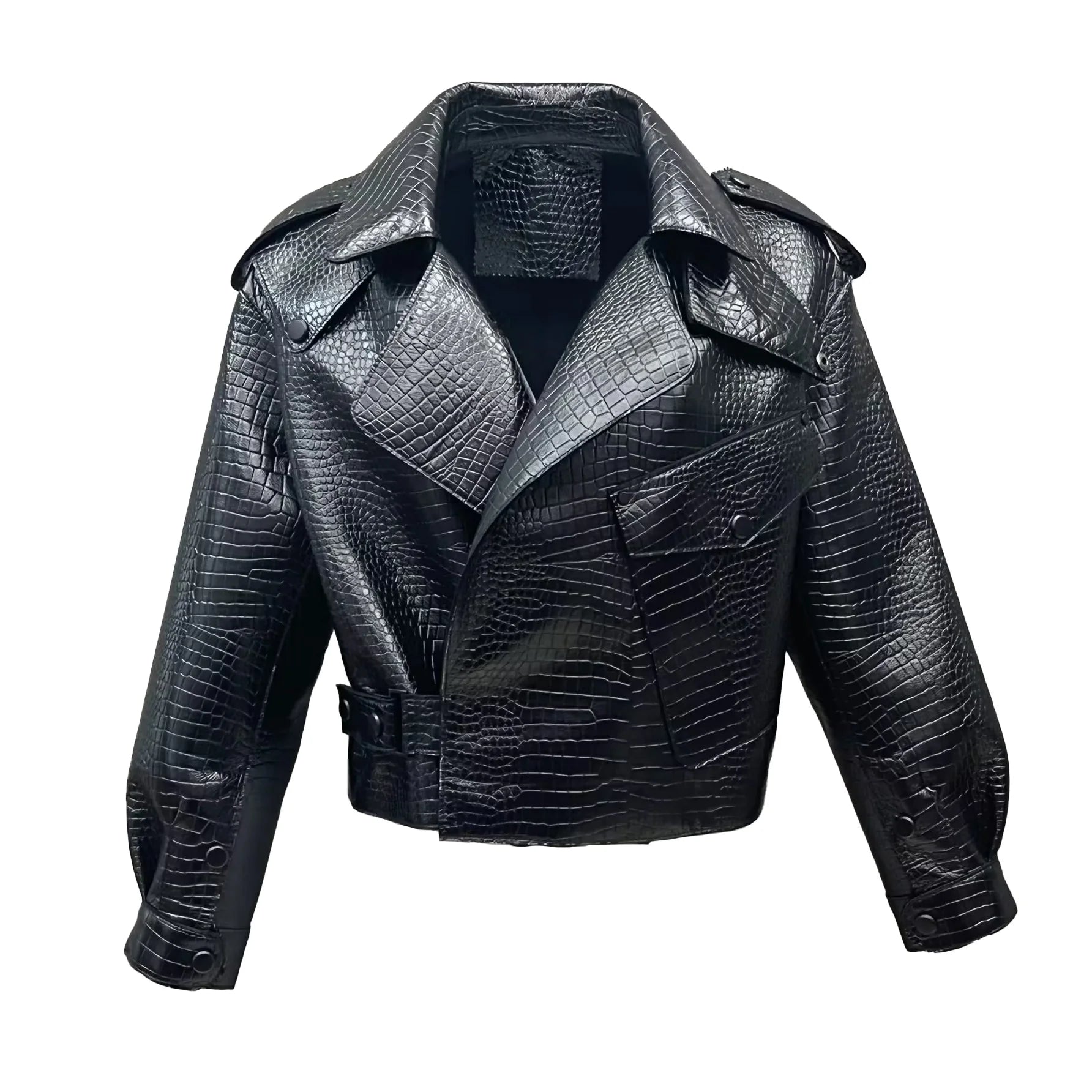 Wholesale Croco Pattern Crop Black Genuine Sheepskin Leather Motorcycle Jacket for Women