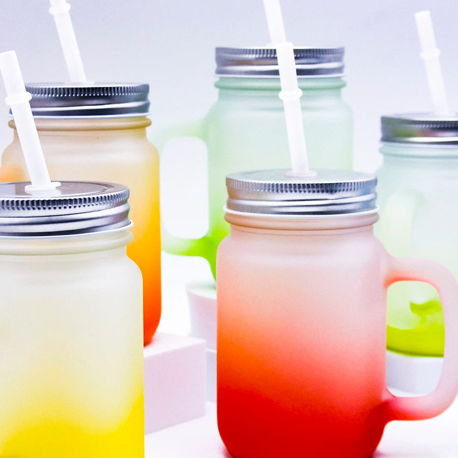 Topjlh Wholesale Custom Sublimation Blank Mug Glass Tumbler 15oz 450ml Frosted Gradient Color Mason Jar with Handle