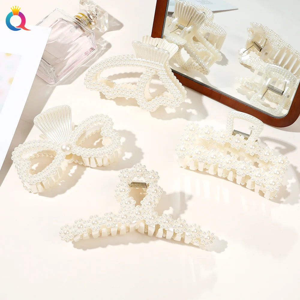QIYUE Large Pearl Hair Clip Tempered Plastic Catch Plate and Shark Clip Hair Accessories for Ponytail Catch Catch Clip Hair