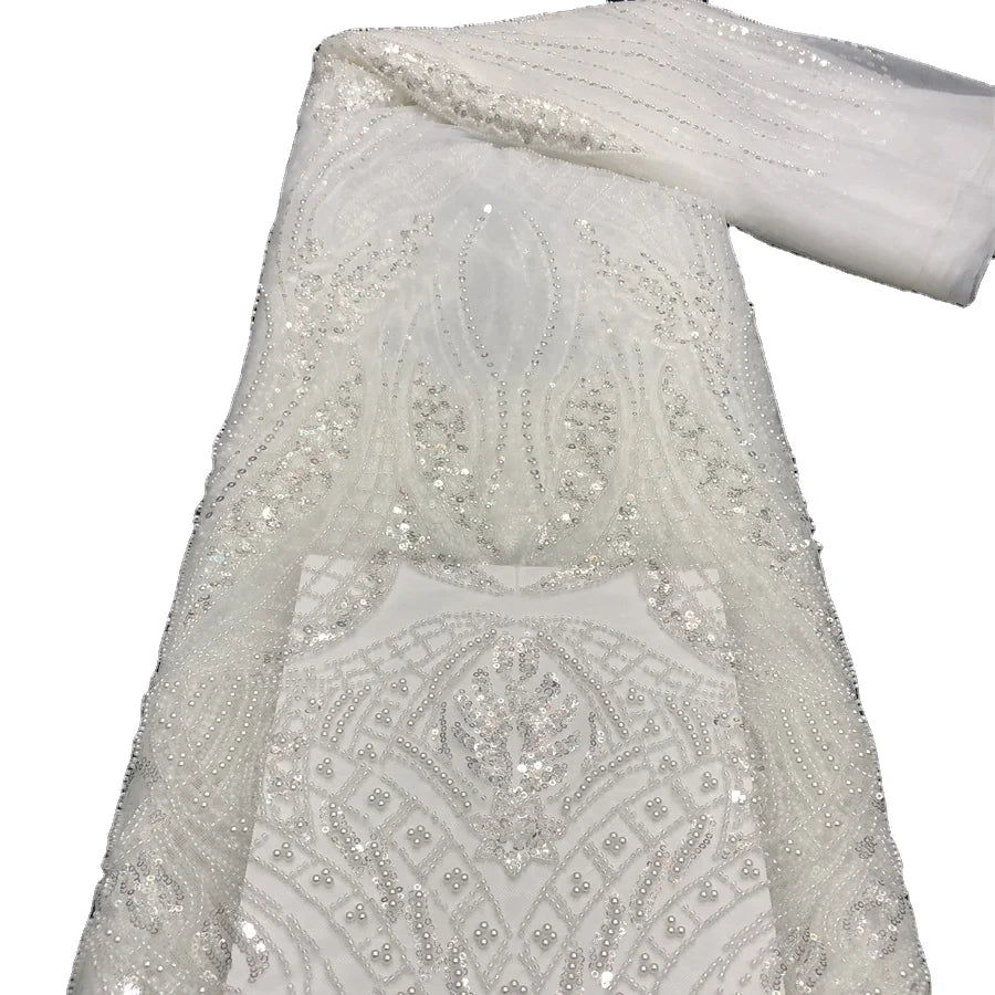 White Tulle Sequins Lace Fashion Bridal Beads Embroidered Lace Fabric for Wedding Dress