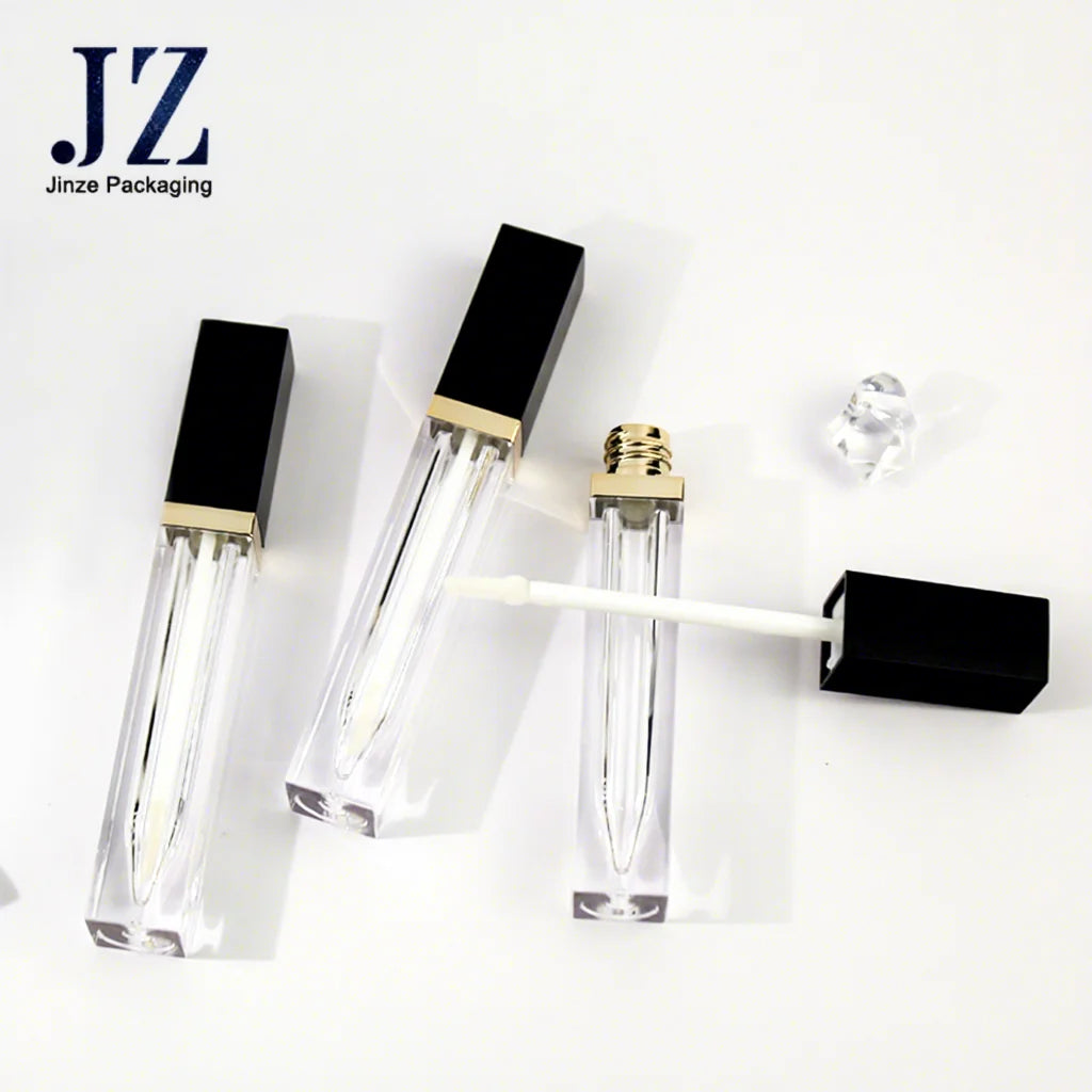 Jinze Matte Black Transparent Squeeze Bottle Square 6.5ml Containers Logo Lip Gloss Tube