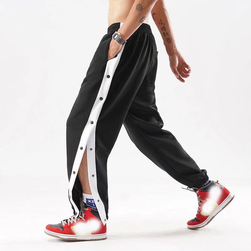 2024 Men's Casual Street Hip Hop Sweatpants Full Length Black Stripe Split Mid Waist Panel Jogger Basketball Pants Featuring