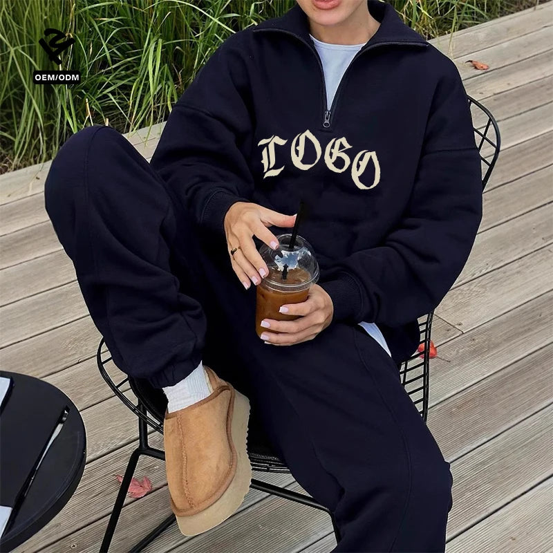F5182 Women's Sweatsuits 2 Piece Outfits Long Sleeve Half Zip Pullover and Baggy Sweatpants With Pockets Jogger Tracksuit