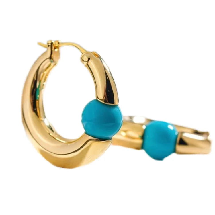 Ruyi 2025 Women's New Fashion 18k Yellow Gold Simple round Turquoise Hoop Diamond Earrings