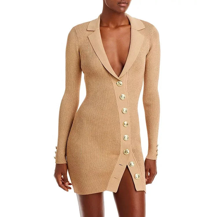 Custom Winter Button Deep V-Neck Long Sleeve Ribbed Sexy Elegant Mini Casual Solid Knit Knitted Dresses for Women