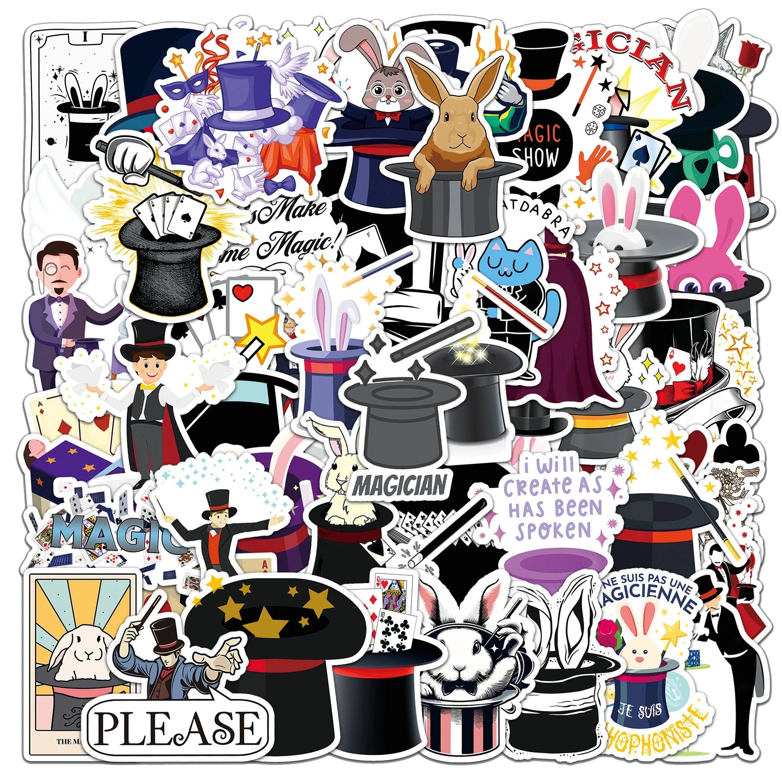 53Pcs  Cartoon Magician Magic Props Graffiti Stickers for Bottle Wall Decor Magic Show Gift Sticker