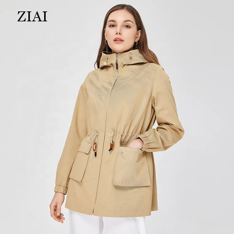Wholesale Women Outdoor Trench Coat With Waist Drawcord Design Windbreaker