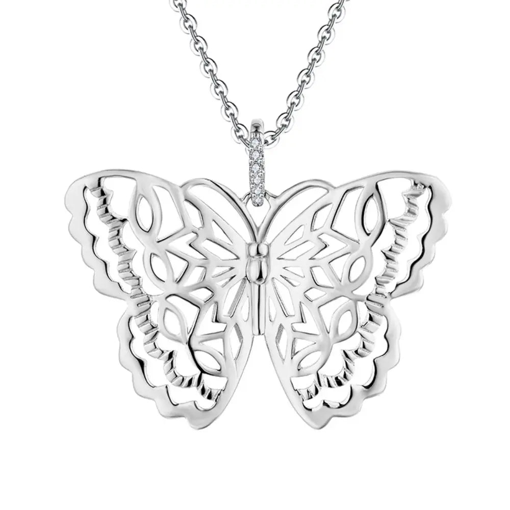 YH 925 Real Sterling Silver Hollow Butterfly Shaped Zircon Pendant Necklace for Women Wedding Bridal