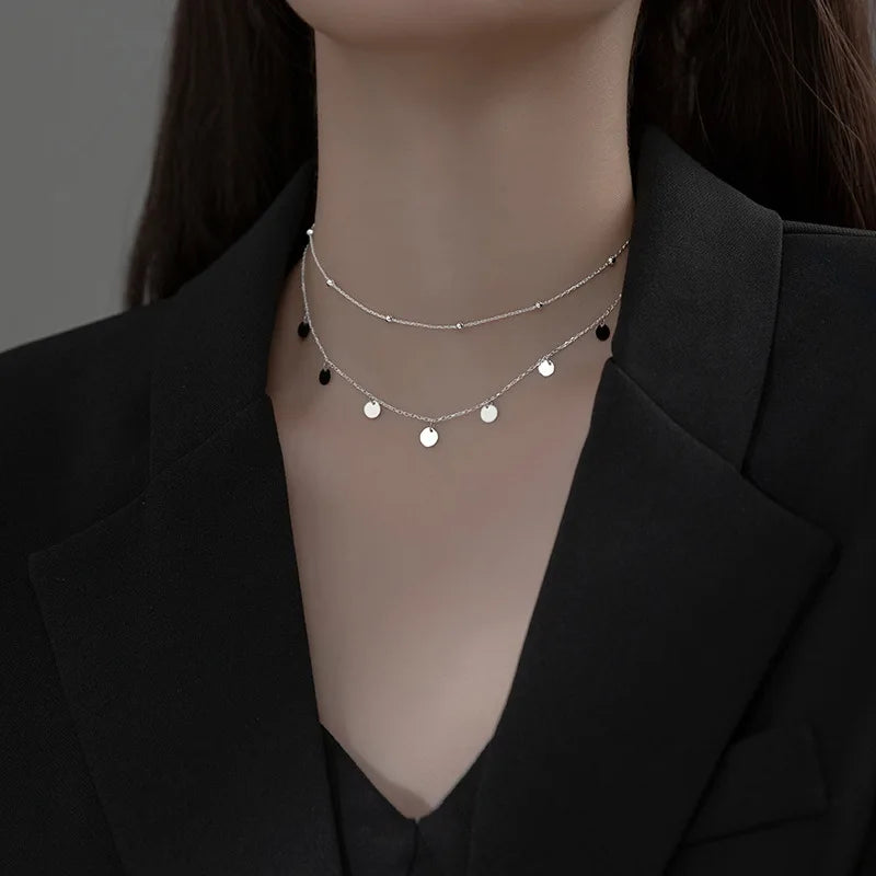 925 Sterling Silver Statement Double Layered Chain Chokers Necklaces Fashion Small Round Pendant Necklace Jewelry for Women