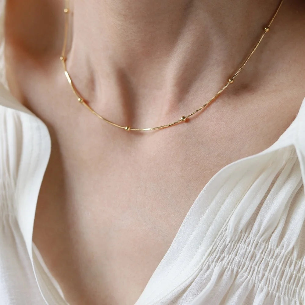 Dainty 18k Gold Plated Beaded Snake Chain Choker Necklace Satellite Chain Necklace Layering Necklace